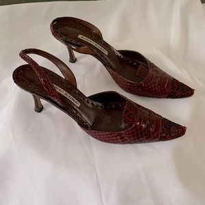 Manolo Blahnik suede leather maroon sling back heels